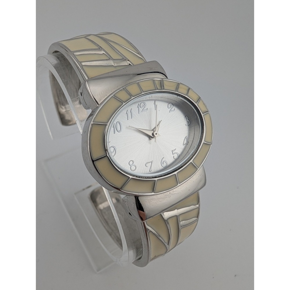 Women's Quartz Watch 33mm Case White Enamel Inlay Hinge Bangel Band- New Battery